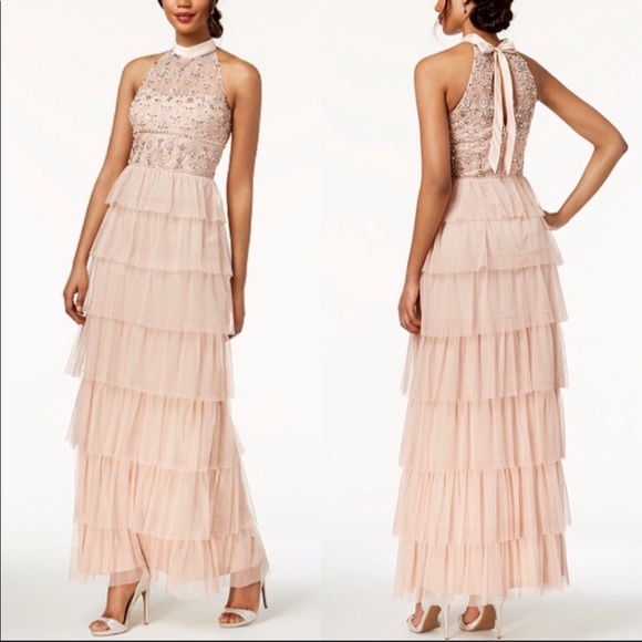 Adrianna Papell tiered tulle skirt beaded bodice - Picture 2 of 9